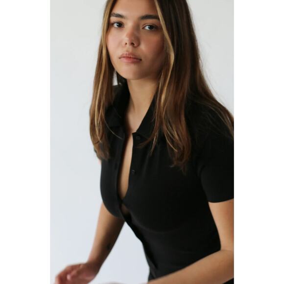 Oak + Fort Fitted Polo Romper Short Sleeve Black Oak Refined Bodysuit - Picture 2 of 11